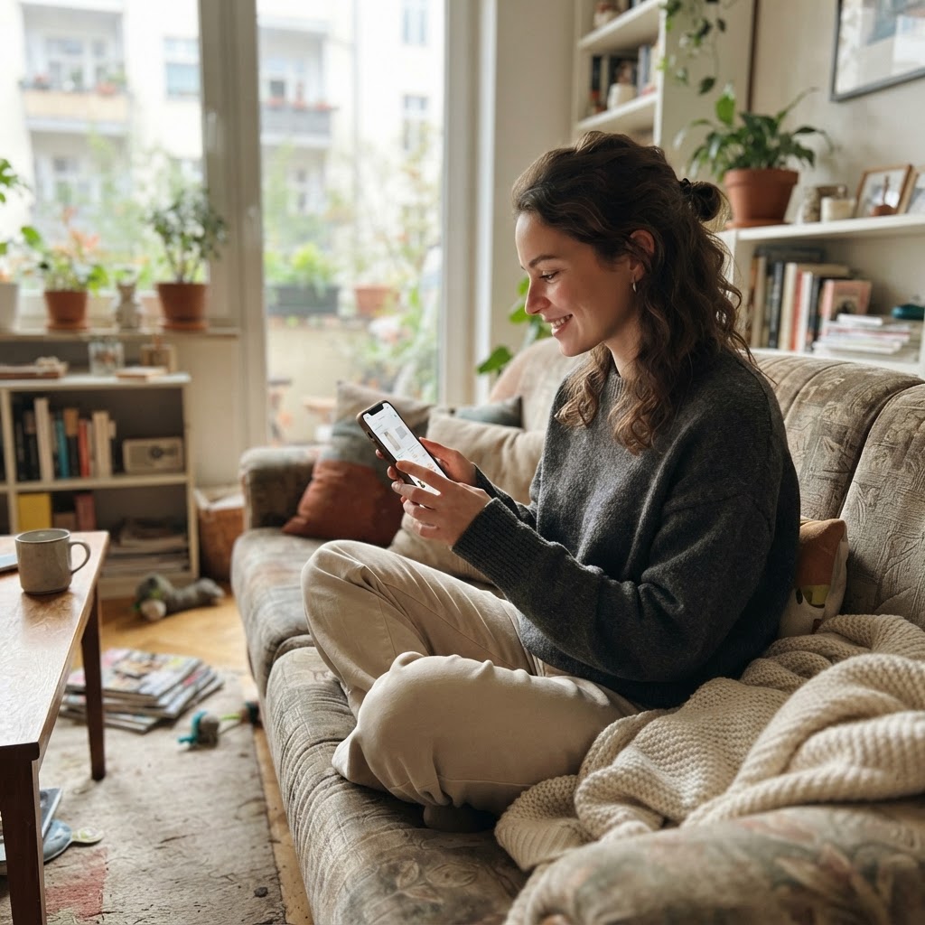 A shopper viewing a product recommendation at home in natural window light