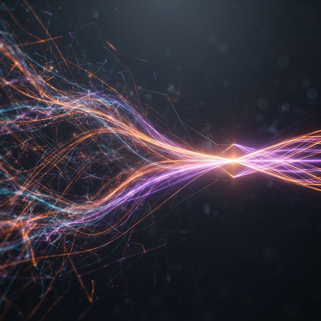 A dark editorial visualization of signal emerging from noisy data streams