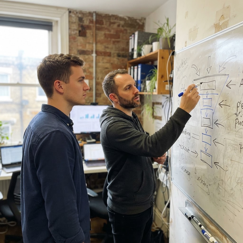 Someone still has to decide what the campaign is allowed to optimize. A founder and performance marketer reviewing a simple funnel sketch on a whiteboard