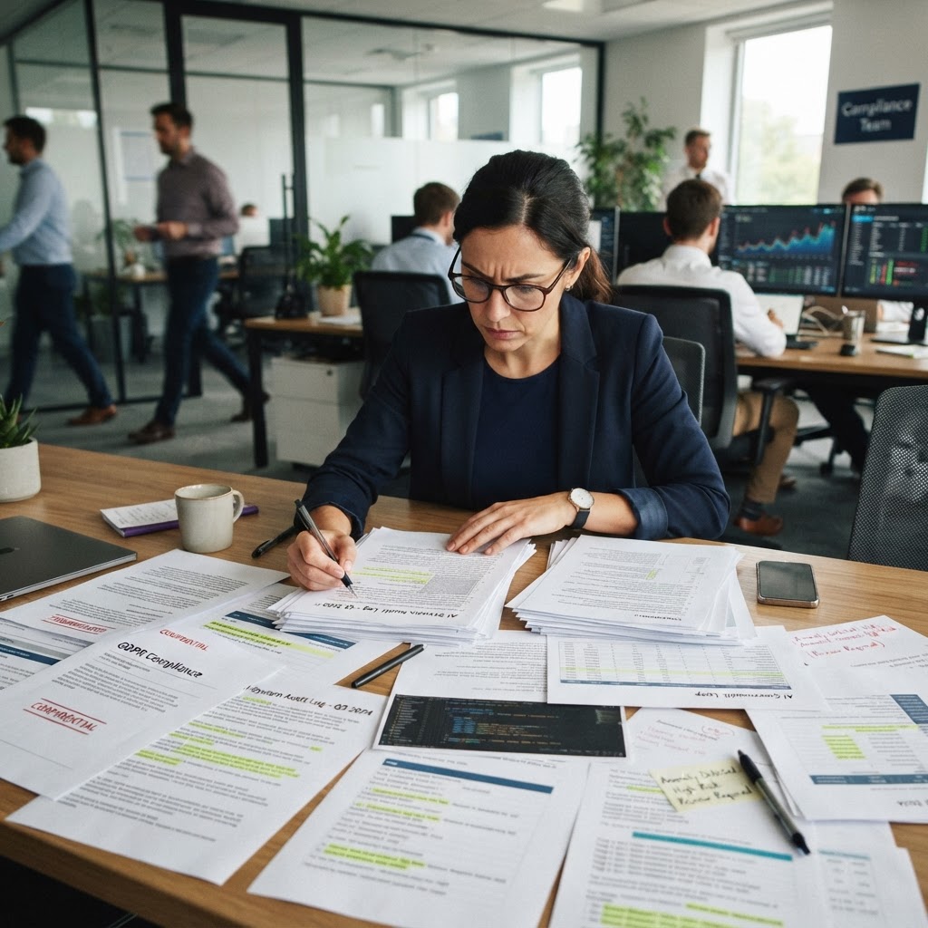Photo of compliance officer reviewing documents at conference table
