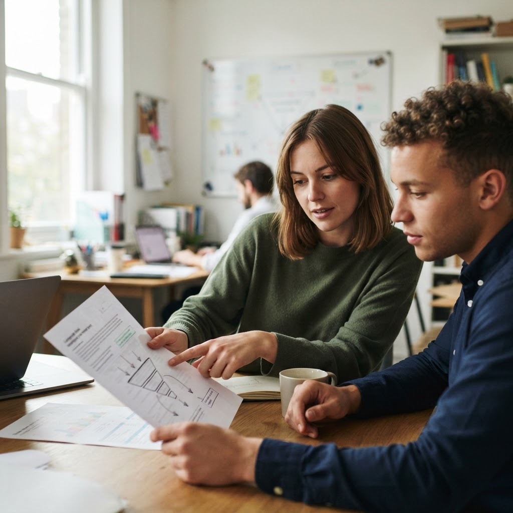 Two marketers review a printed campaign brief and funnel sketch in a small meeting room