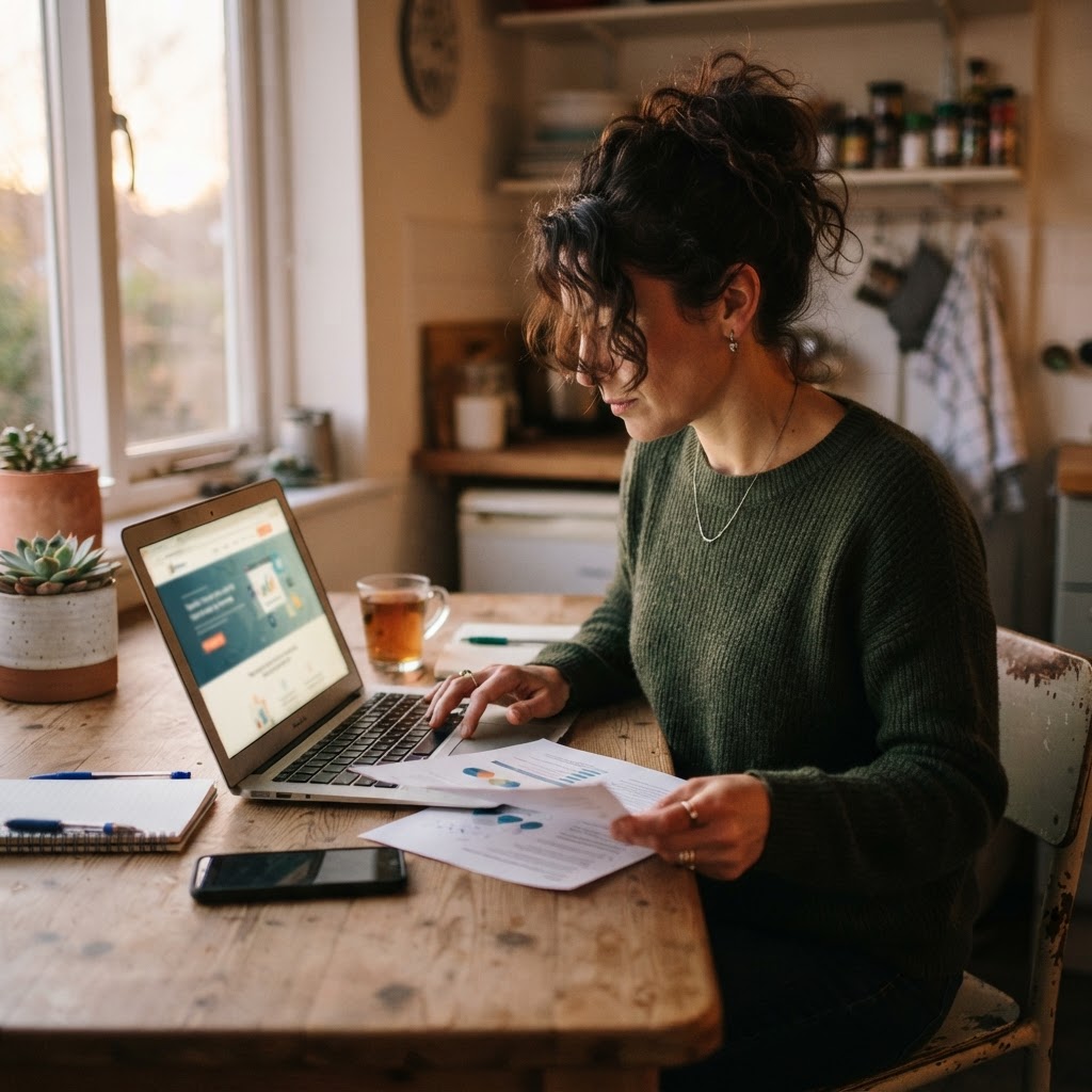 Candid phone photo of a small business owner reviewing an offer and website