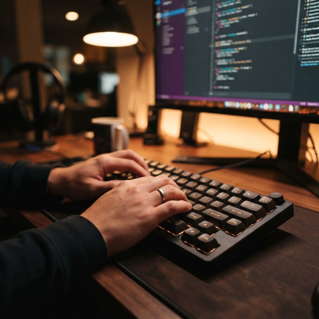 Close-up of hands typing on mechanical keyboard in tech workspace