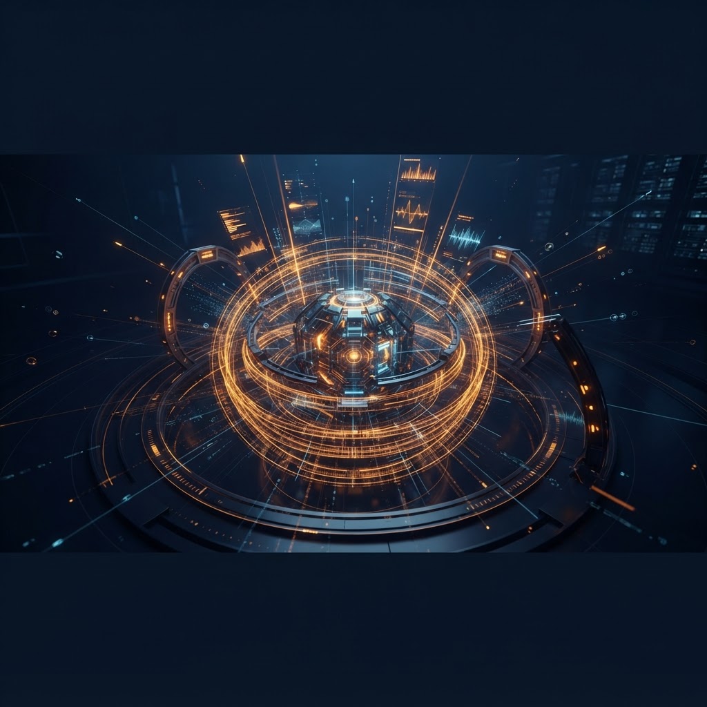 Dark cinematic visualization of an AI agent inside luminous approval gates and measurement guardrails