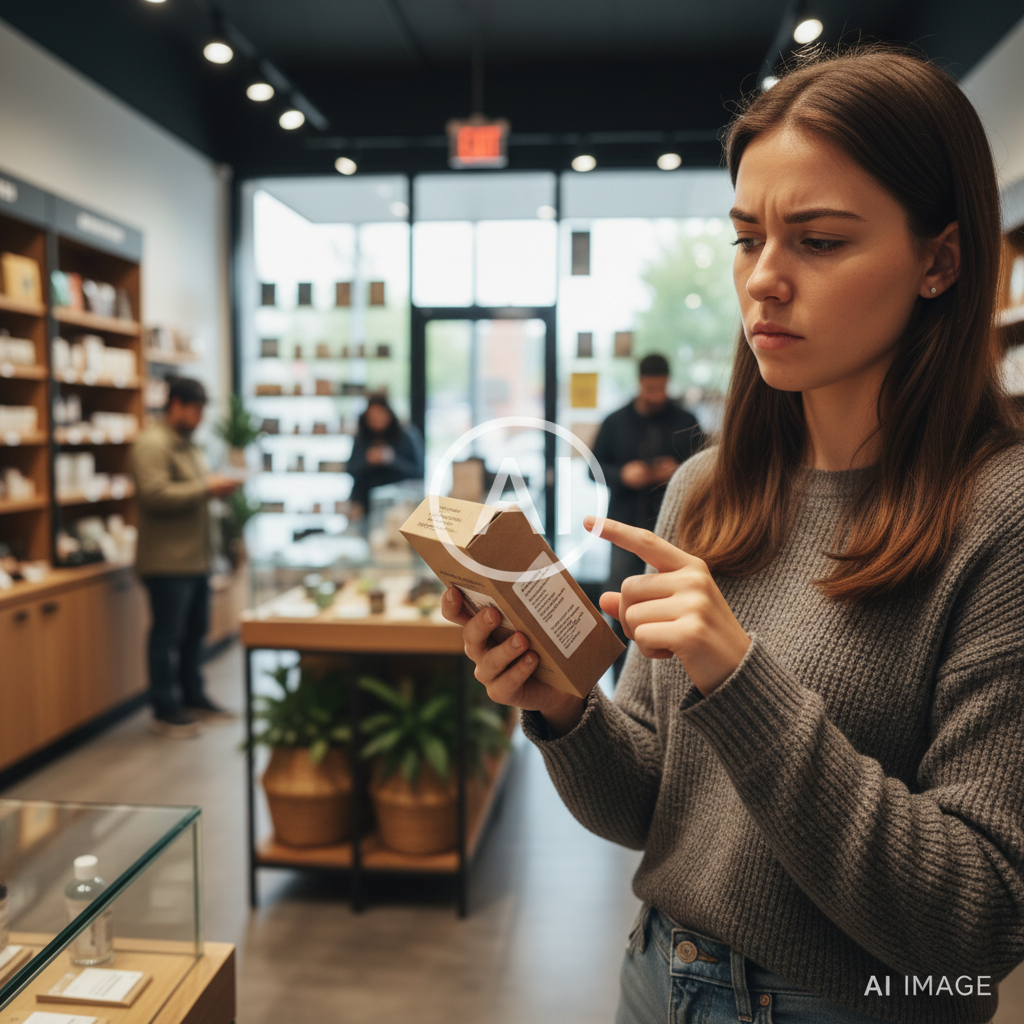Customer in a dispensary confused by product packaging and descriptions