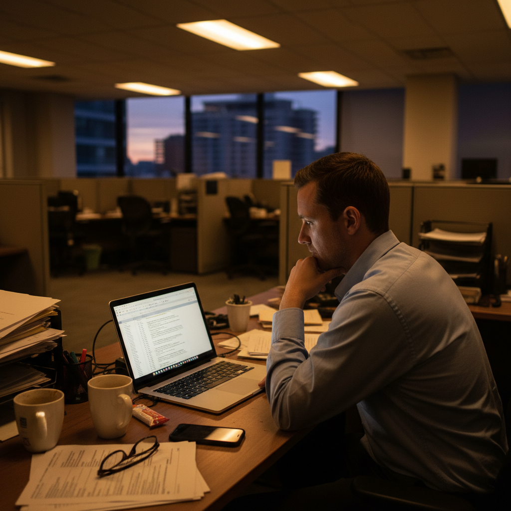 A compliance officer at their desk reviewing vendor audit trails late in the day