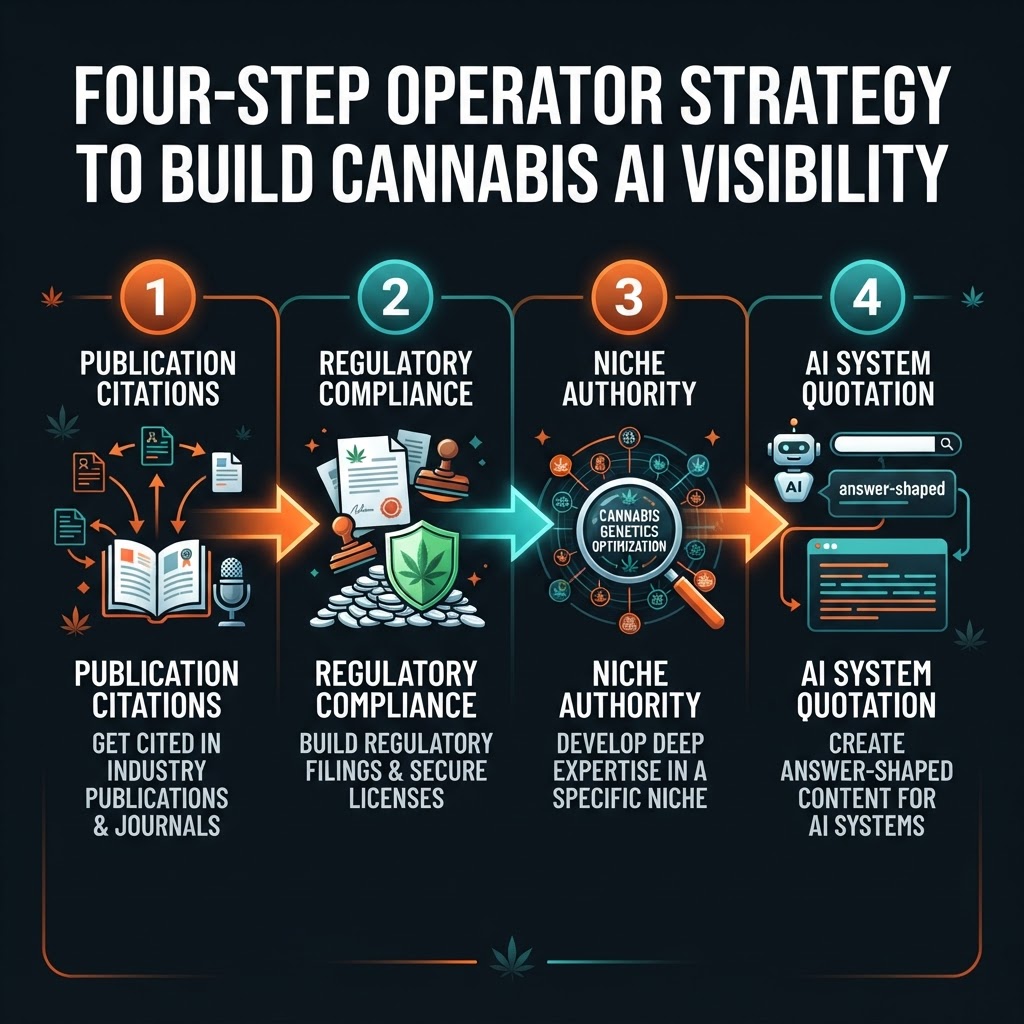 Four-step strategy diagram: Operator-first media → Regulatory visibility → Niche focus → Answer-shaped content. Dark background with orange and teal accent colors and arrow flows between steps.