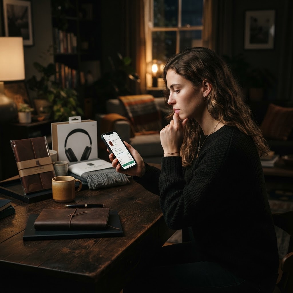The customer is pricing the effort around the item, too. A shopper comparing delivery dates and return options on a phone beside packed products.