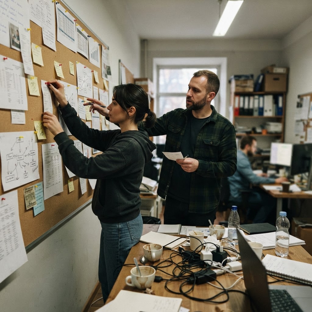 The useful dashboard is the one a team can challenge together. Two marketers pinning printed ad receipts and bot-traffic notes to a wall in a real agency war room