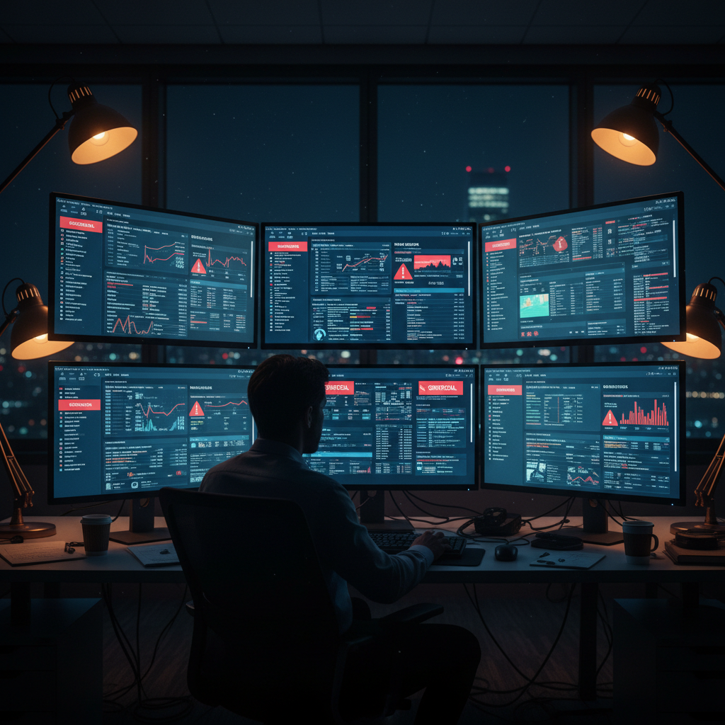 Compliance dashboard with multiple screens showing content moderation alerts at night