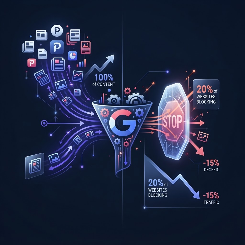 The funnel breaks both ways. Publishers are choosing option three. Dark editorial visualization showing web nodes disconnecting from a central hub