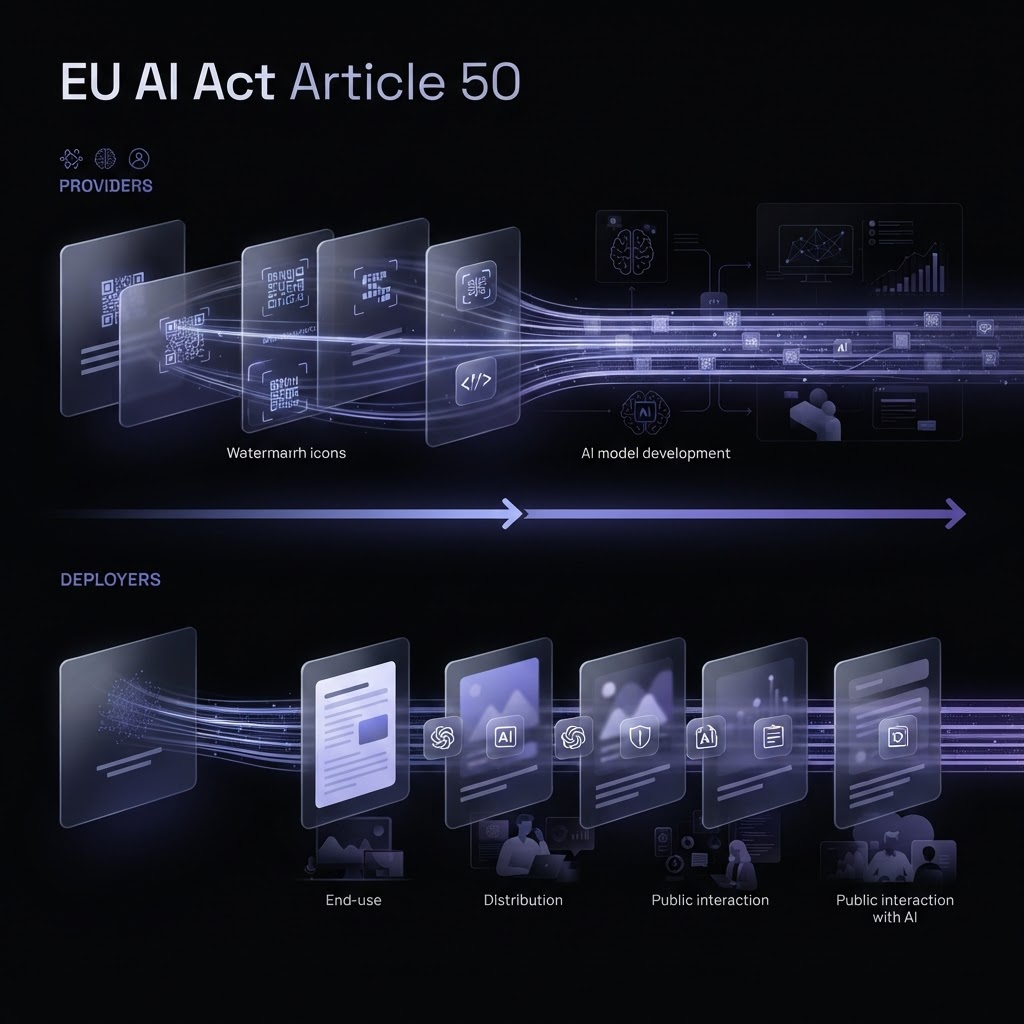 Article 50 splits the job. Providers mark. Deployers label. Advertisers are deployers. Dark editorial visualization showing two parallel layers of AI content transparency: machine-readable marking at the provider level flowing into visible labeling at the deployer level, indigo and violet gradient accents on near-black background