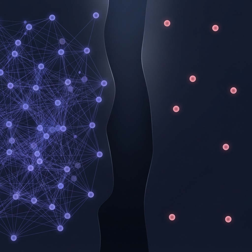 The gap between saying AI transforms marketing and actually running it. Dark editorial visualization showing the stark contrast between organizations that can run multi-agent campaigns and those that can't