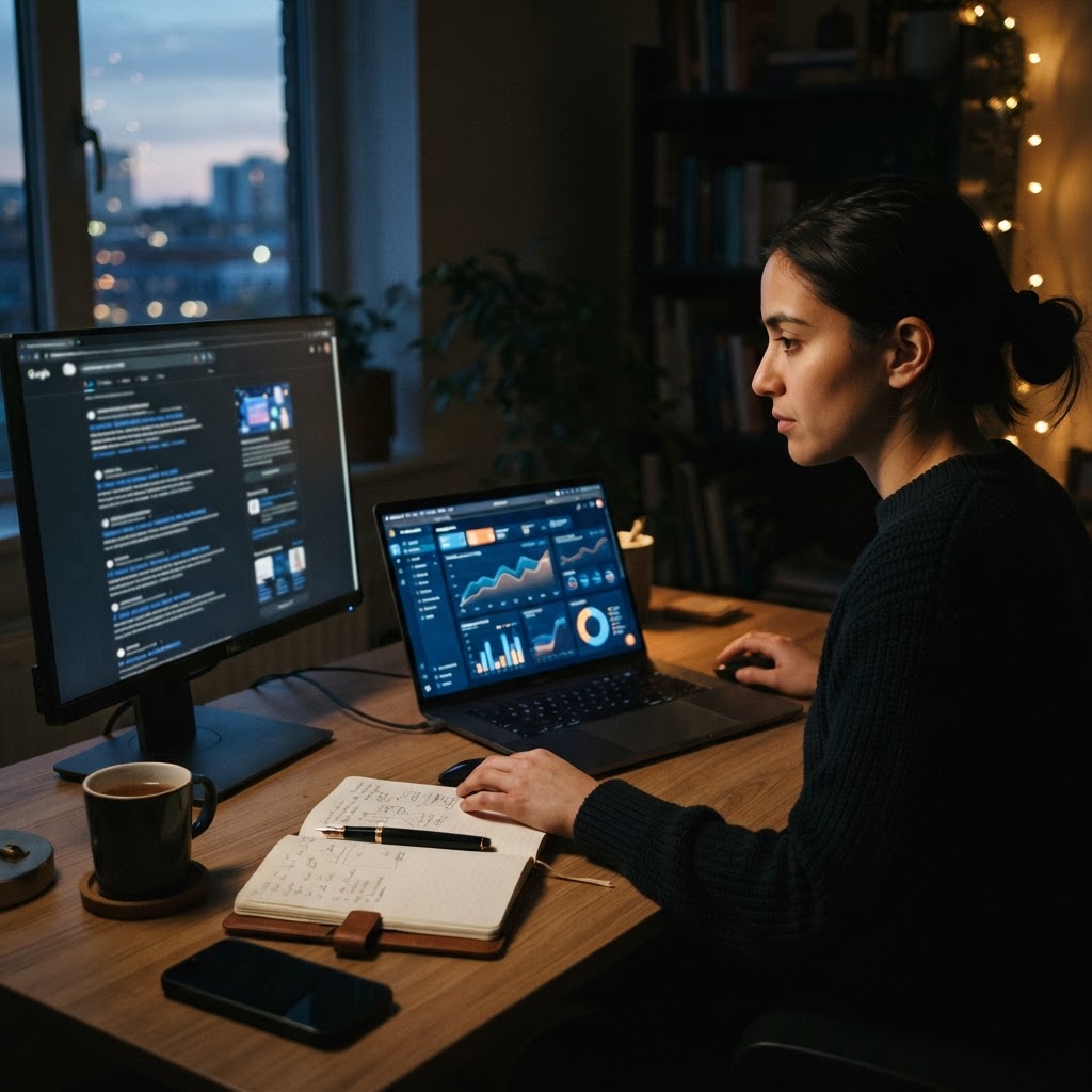 A marketer reviews an analytics dashboard with citation links on a laptop at dusk.