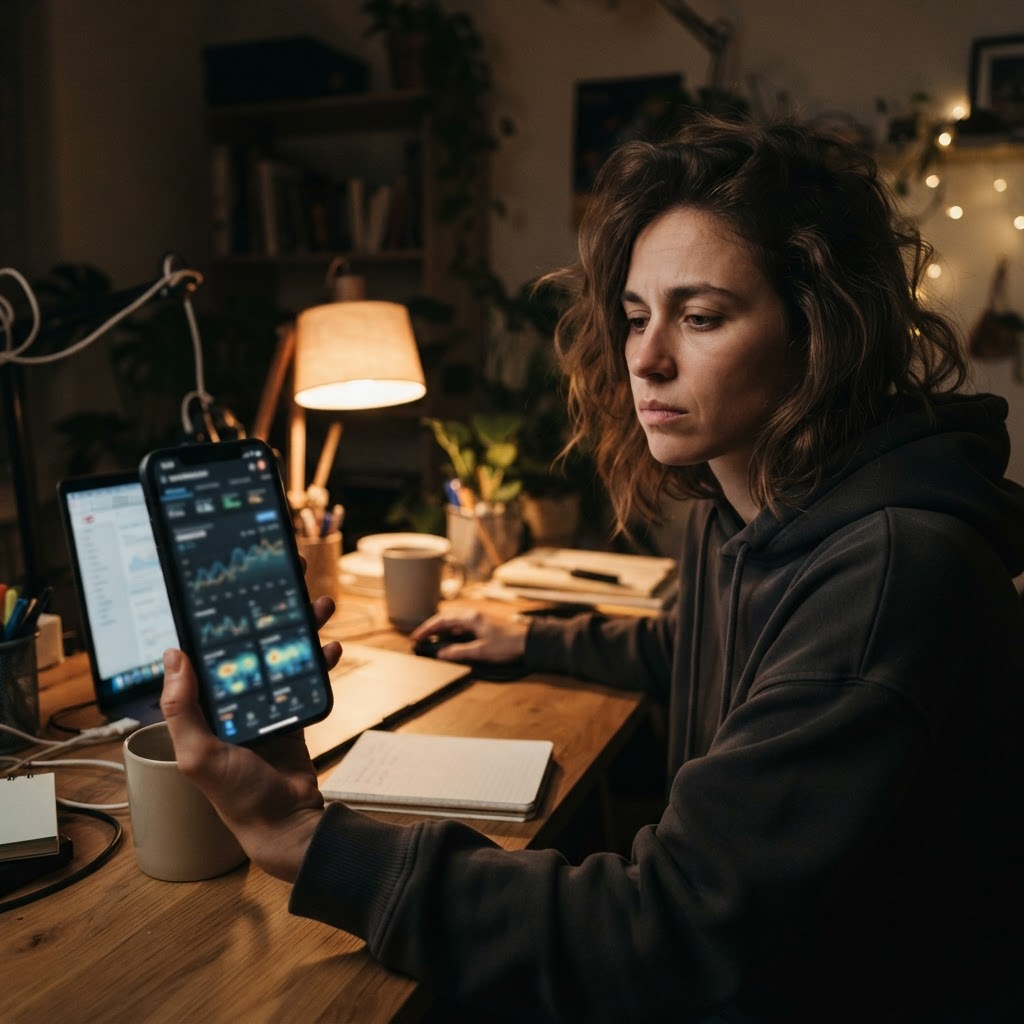 The useful report is the one that changes the next decision. Candid phone photo of a marketer reviewing an abstract search analytics screen late at night
