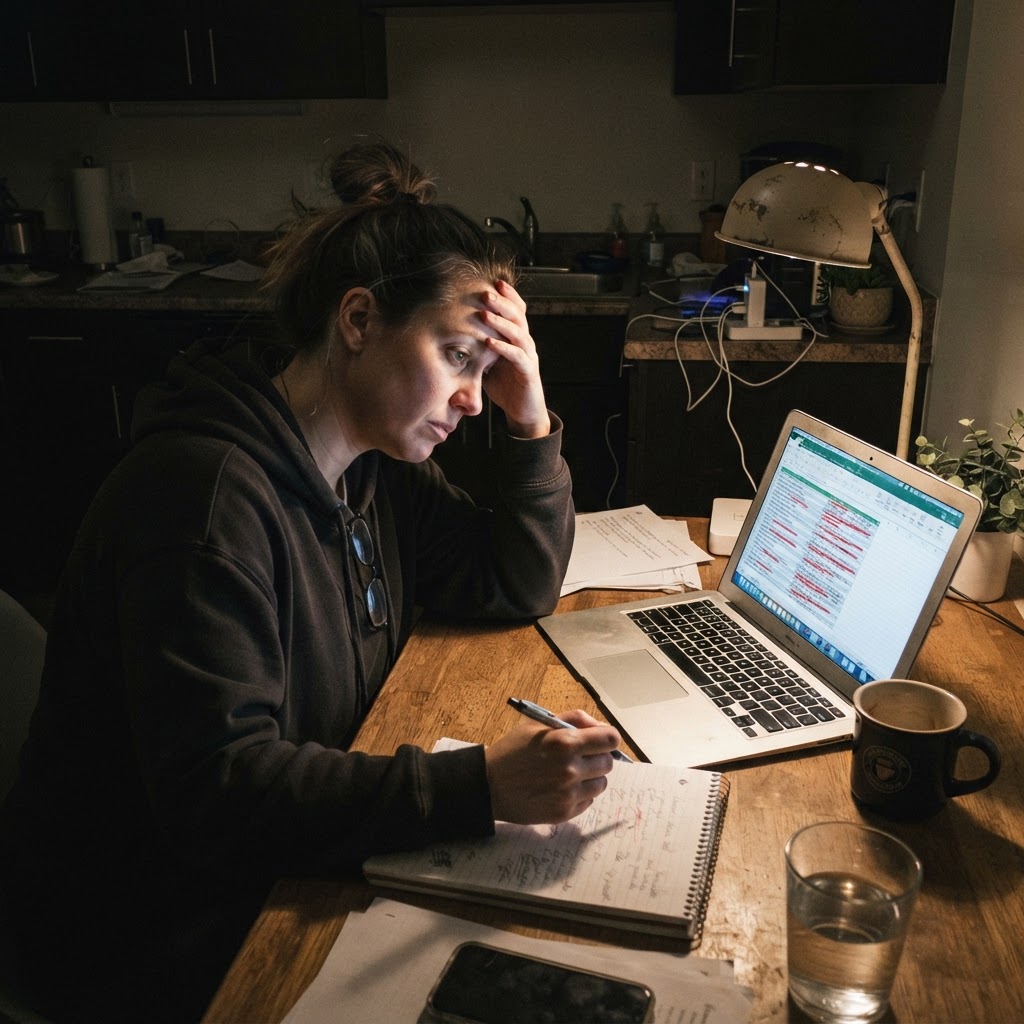The budget review nobody wants to be in at 11pm Marketing professional working late reviewing budget cuts on a laptop