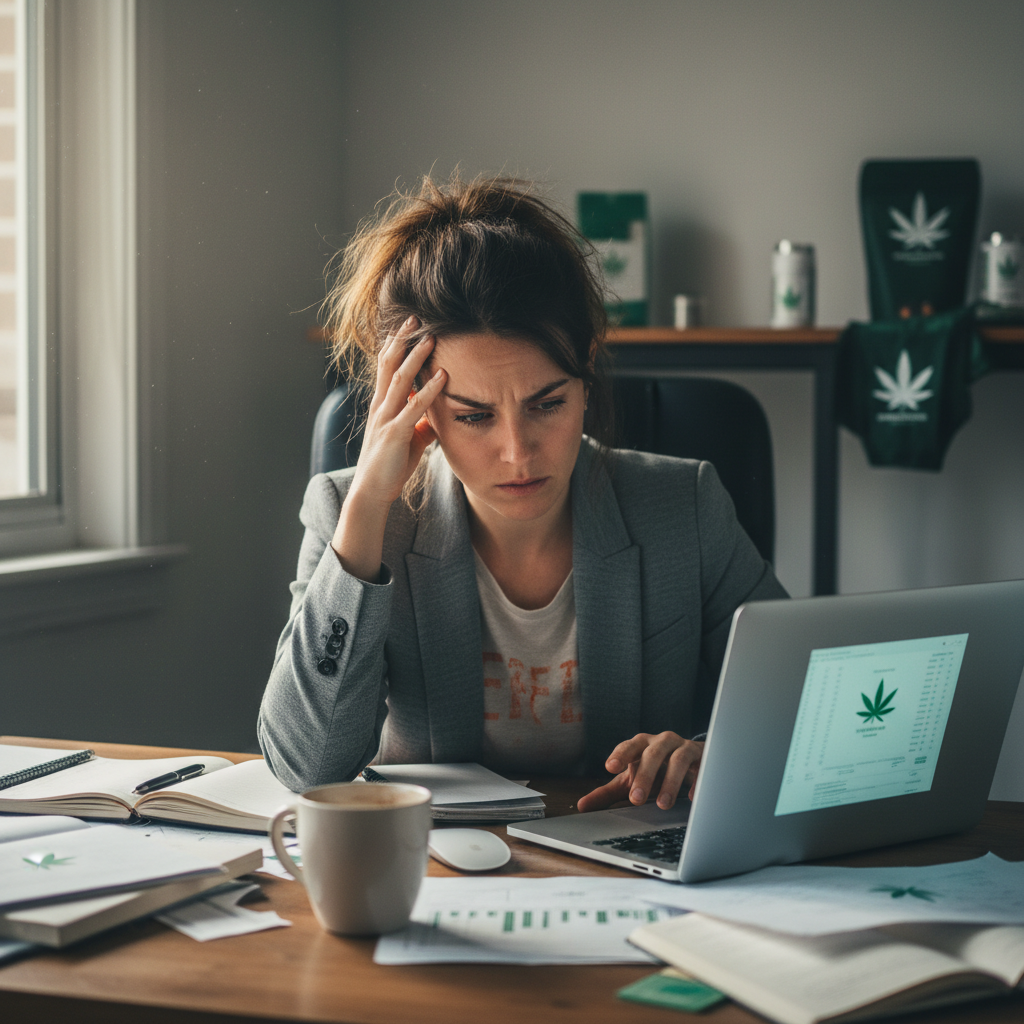 Cannabis brand manager exhausted at desk showing AI hallucination detection dashboard on laptop, office environment with real products