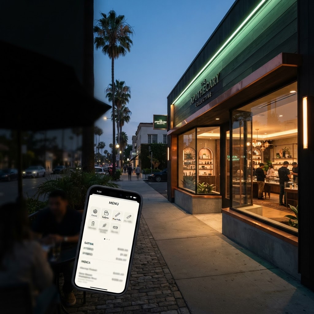 A licensed dispensary storefront at dusk with a smartphone showing a product menu