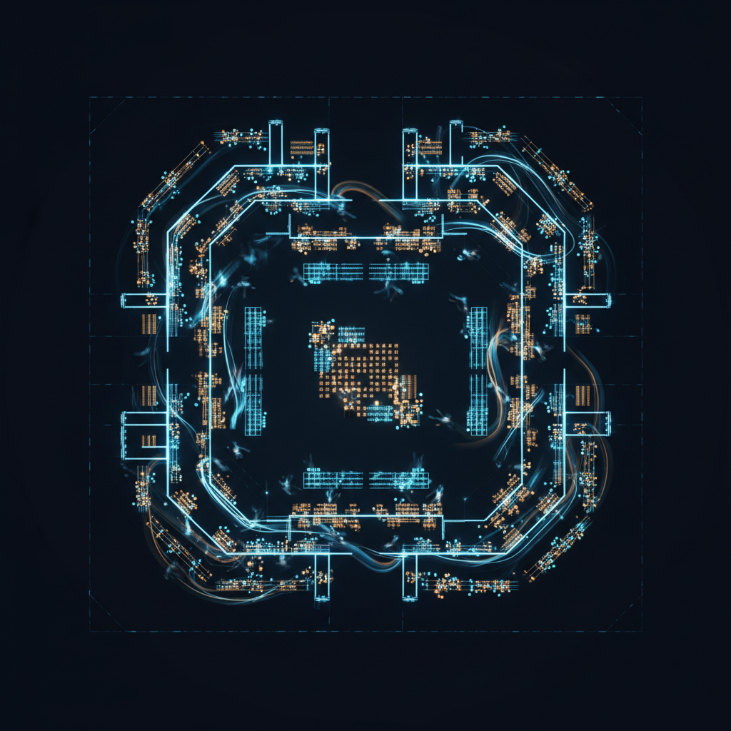 Modern retail store floor visualized as a glowing data interface with shopper movement trails