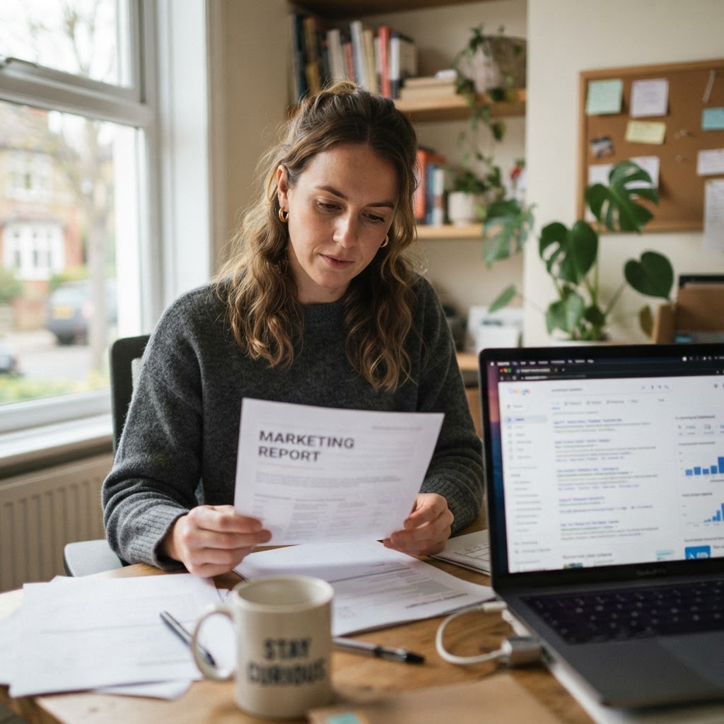 A founder reviews a weekly report beside a laptop showing blurred AI search results in a home office.