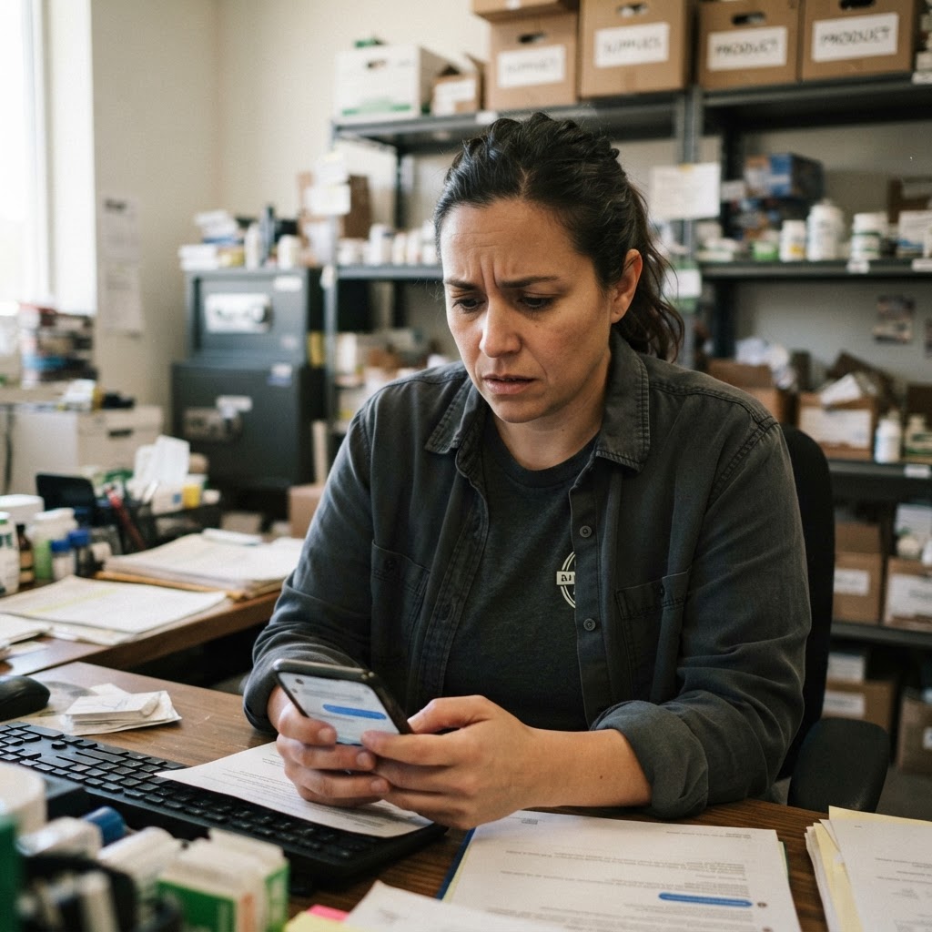 A dispensary manager reviews an AI chat on a phone in a real back office, with inventory shelves softly blurred behind them.