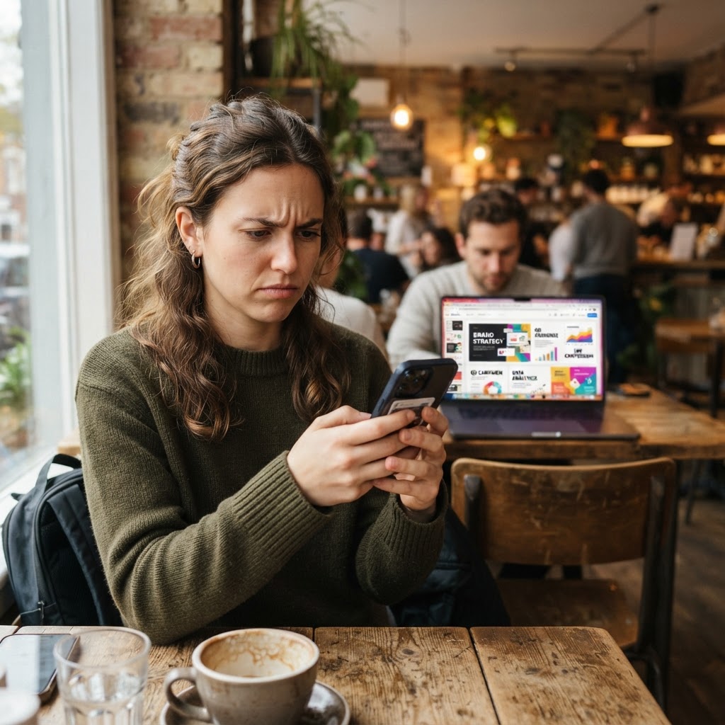 Person scrolling through AI content fatigue at a coffee shop