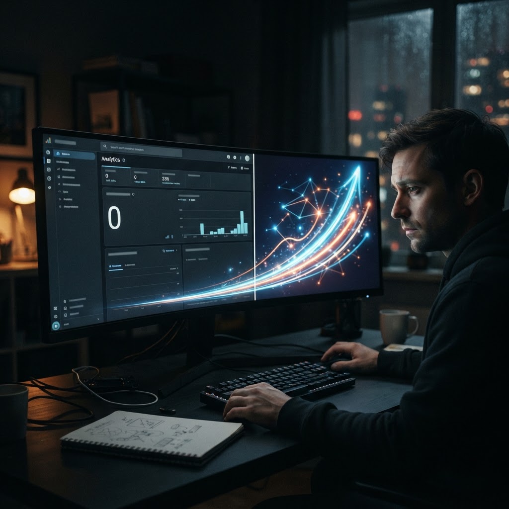 A marketer's dashboard showing zero clicks beside a rising brand signal represented by light trails