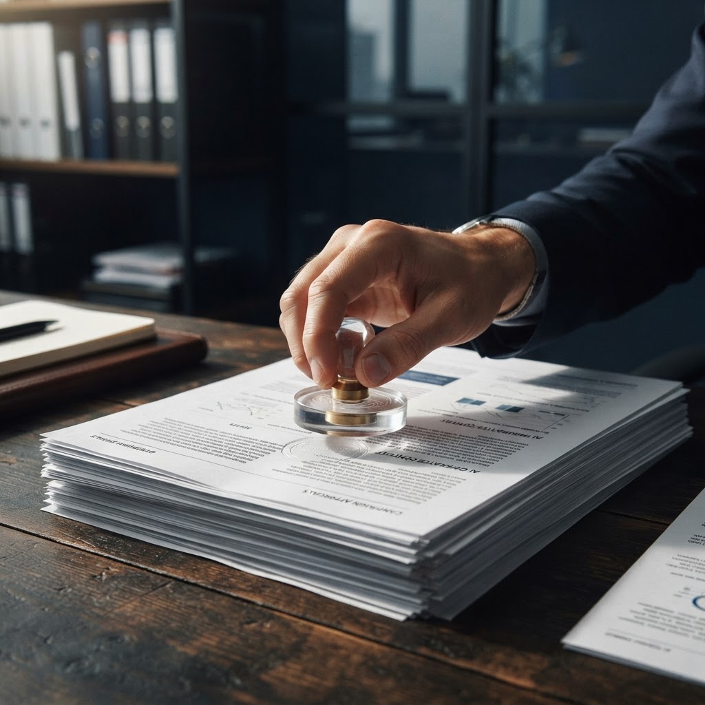 The best governance is attached to the action, not buried in a PDF. A hand placing a transparent seal over AI campaign approvals and policy documents