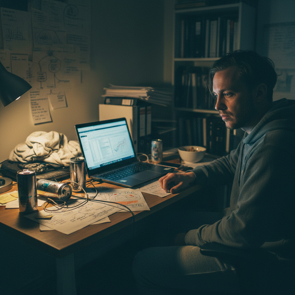 Marketer staring at laptop at midnight surrounded by energy drink cans