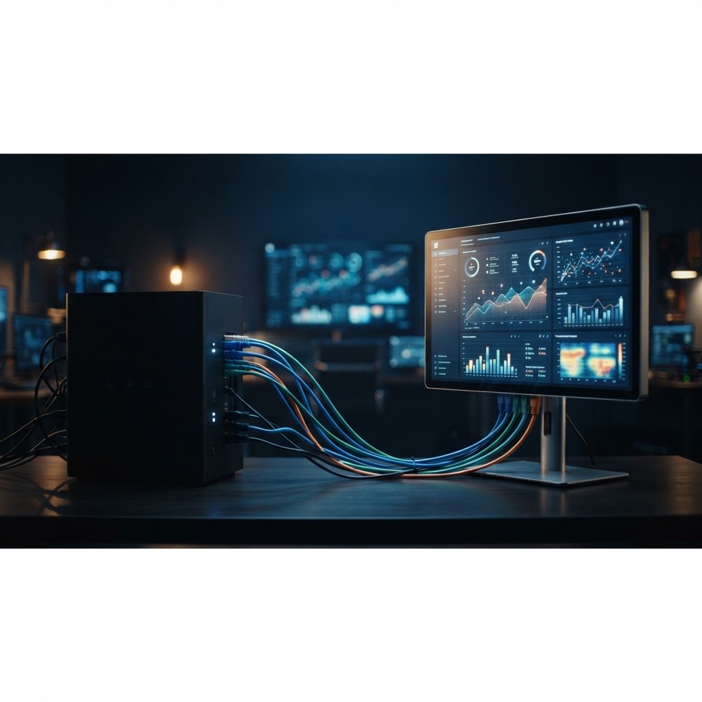 A glowing advertising platform connects to an independent measurement panel in a dark studio