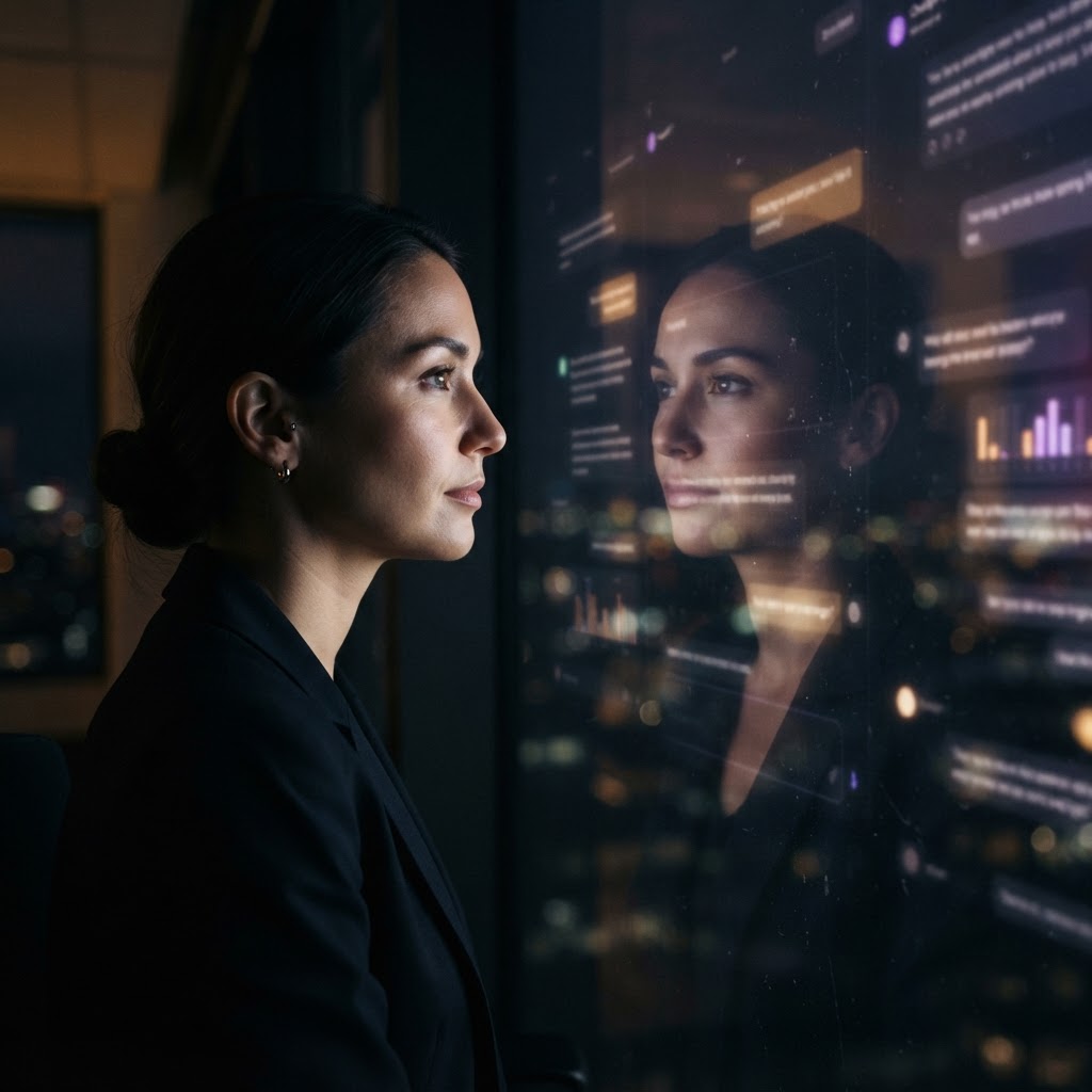 The new placement is inside the answer, so the brand has less room to be vague. A conversational AI interface reflected in a marketer's face