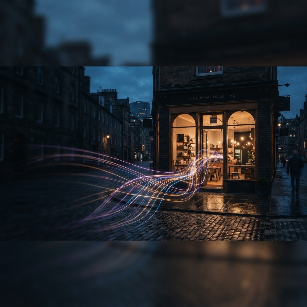 A neighborhood business connected to luminous AI search pathways