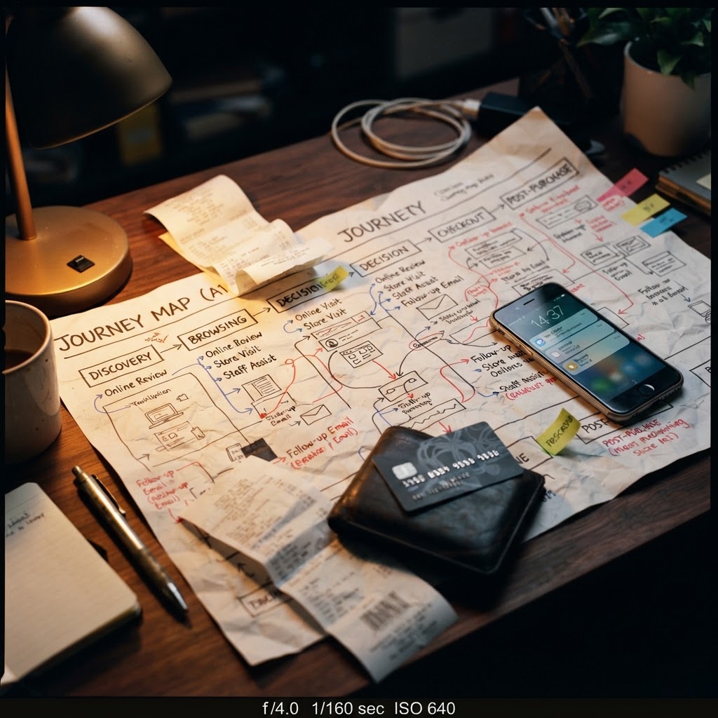 A printed customer journey map with receipts, a phone notification, and a loyalty card in a real retail workspace