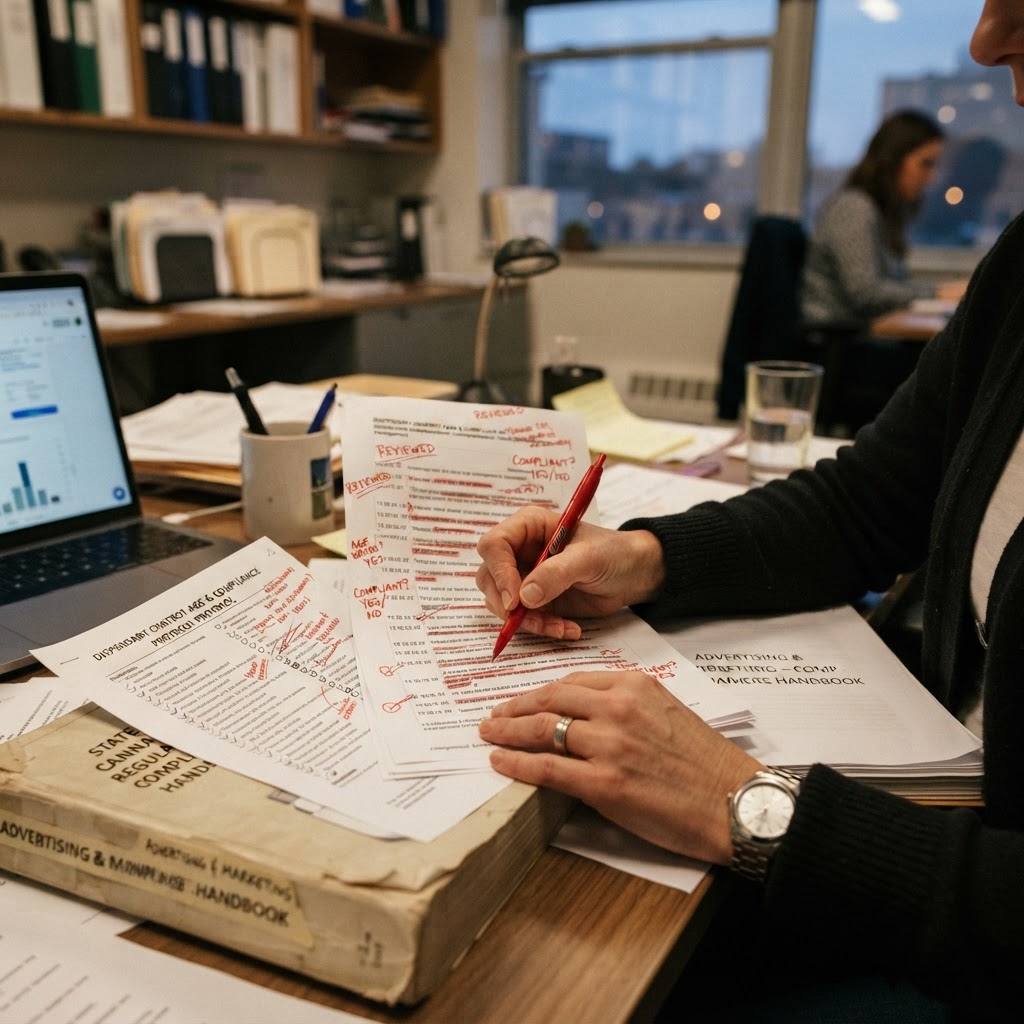 A compliance manager reviews anonymized chatbot transcripts, an age-gate checklist, and state cannabis rules on a desk.