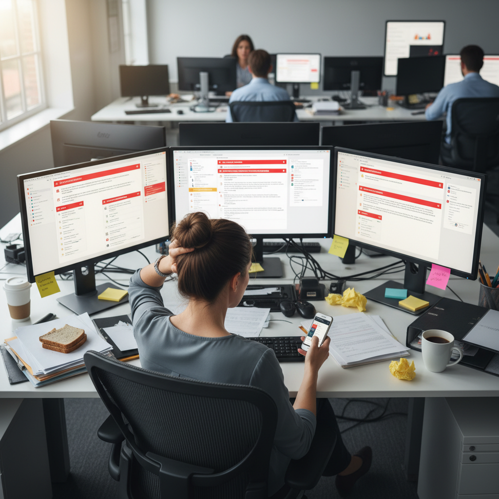 Marketing manager overwhelmed by notifications and AI tool alerts at desk