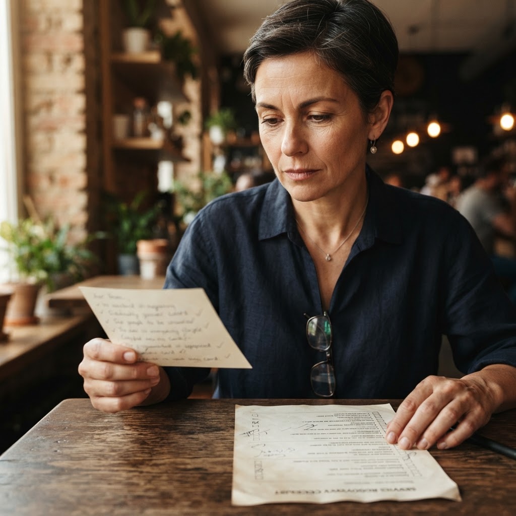 A close-up of a business owner reading a customer feedback card beside a service recovery checklist