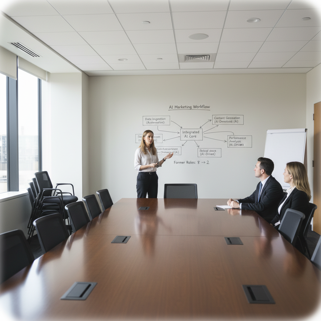 Marketing director presenting to a nearly empty conference room as AI takes over team roles