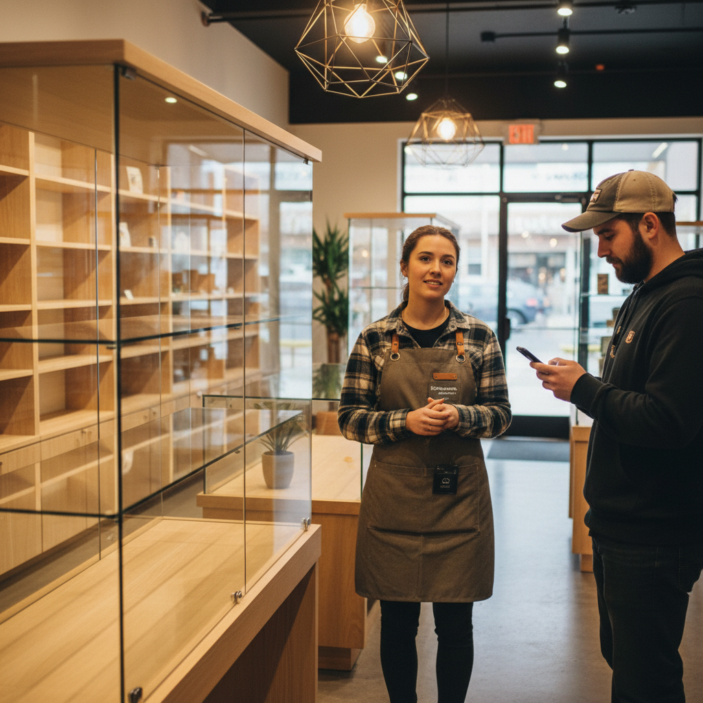 Cannabis sales associate looking at empty shelf while customer reviews AI recommendation on phone