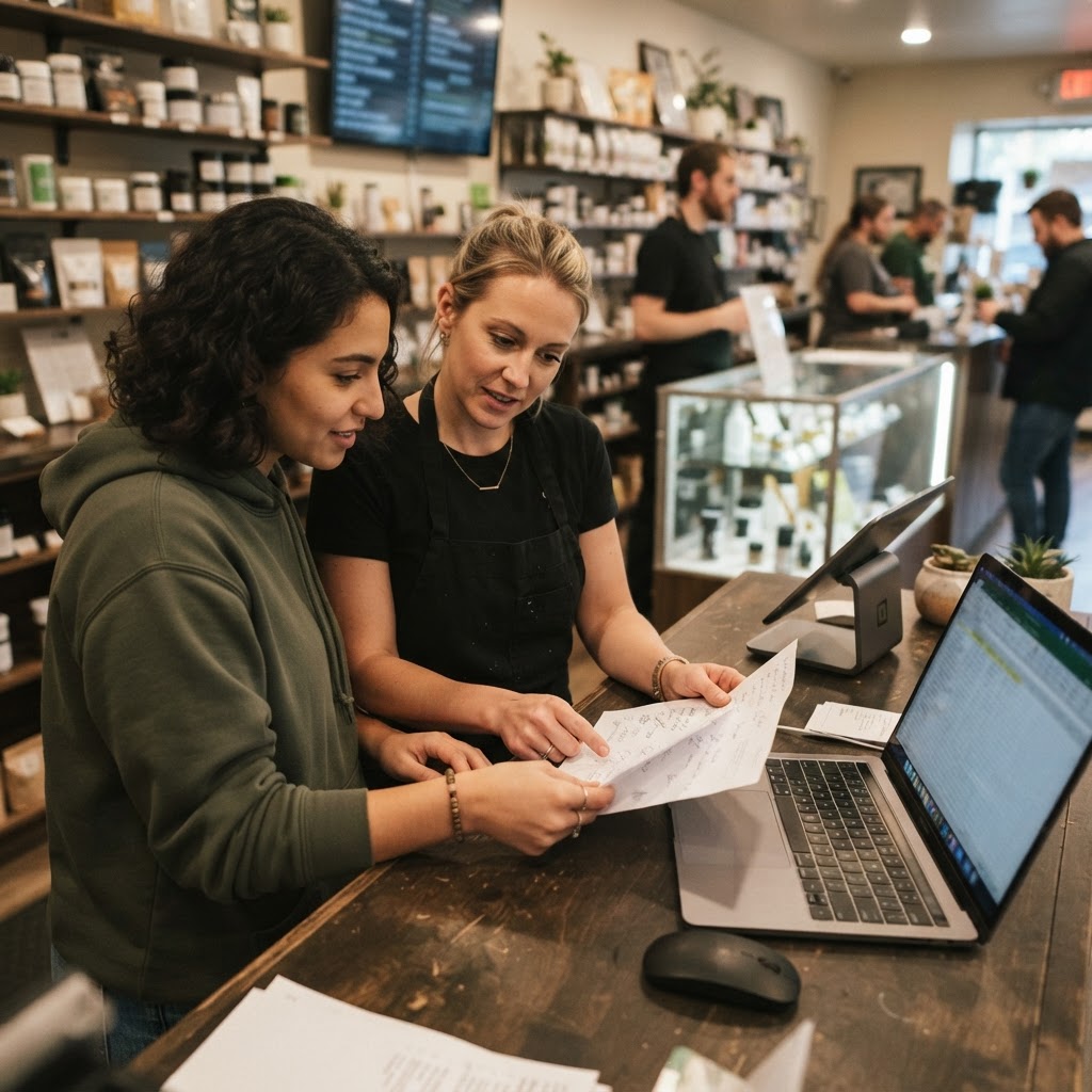 A candid operator reviewing customer questions beside a laptop in a real retail environment