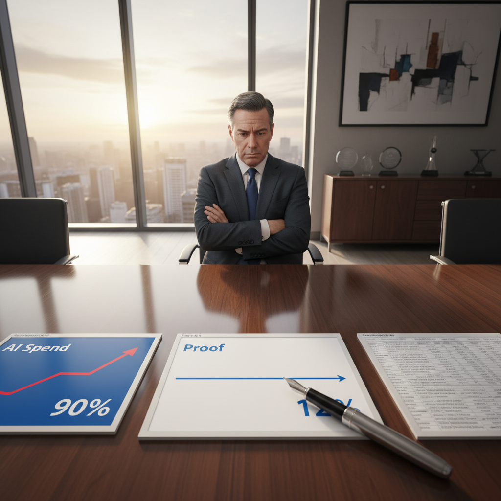 Corporate boardroom: overhead view of mahogany table with spreadsheets showing AI Spend 90% trending up and Proof 12% flat