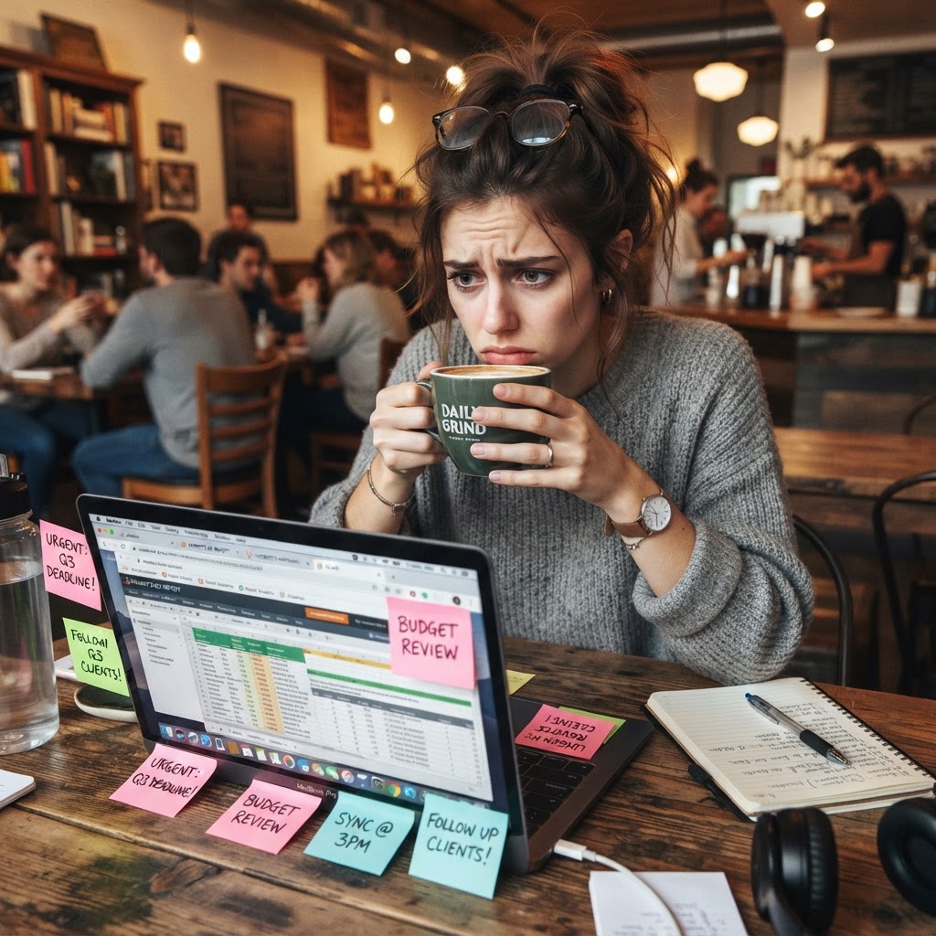The cost in exhaustion: your team carrying the invisible tax of AI adoption alone. Operations person at coffee shop laptop frustrated with AI project overhead