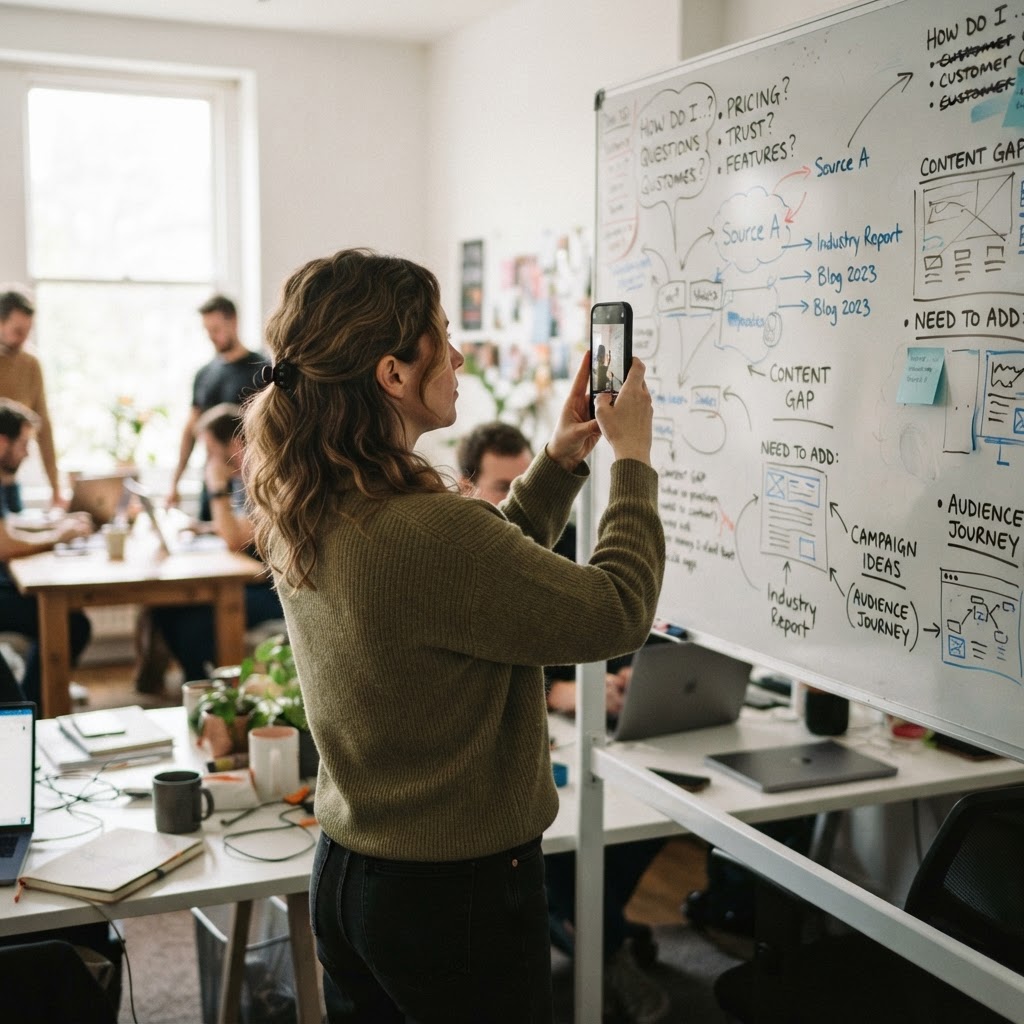 Candid smartphone photo of a strategist photographing a board of customer questions and content gaps