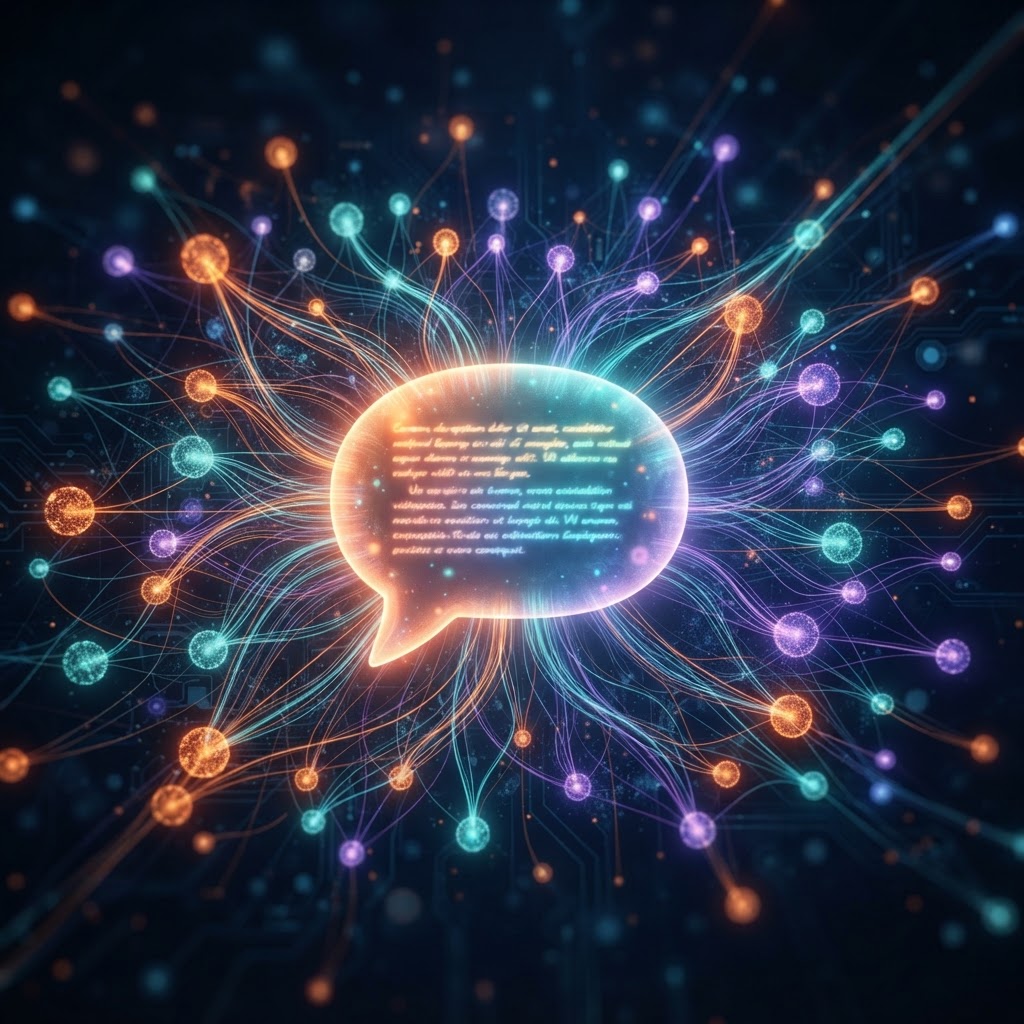 A glowing citation graph routes authoritative sources into a central conversational answer.