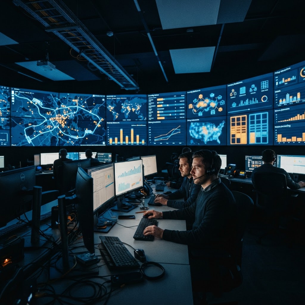 The promise is only as good as the system behind it. A retail operations room balancing inventory, routes, pickup lockers, and returns.