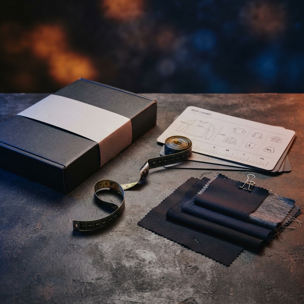 Product package with size references and material swatches