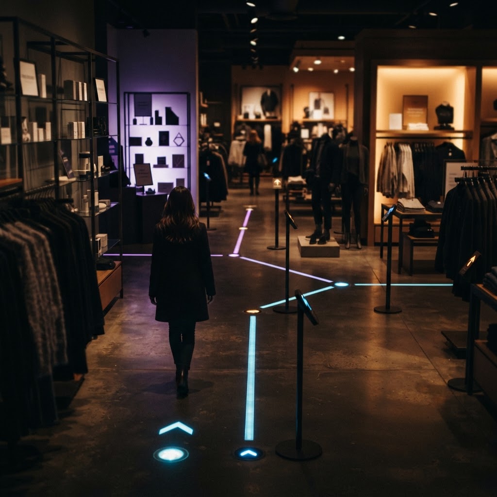 A customer journey represented as physical wayfinding markers through a retail storefront