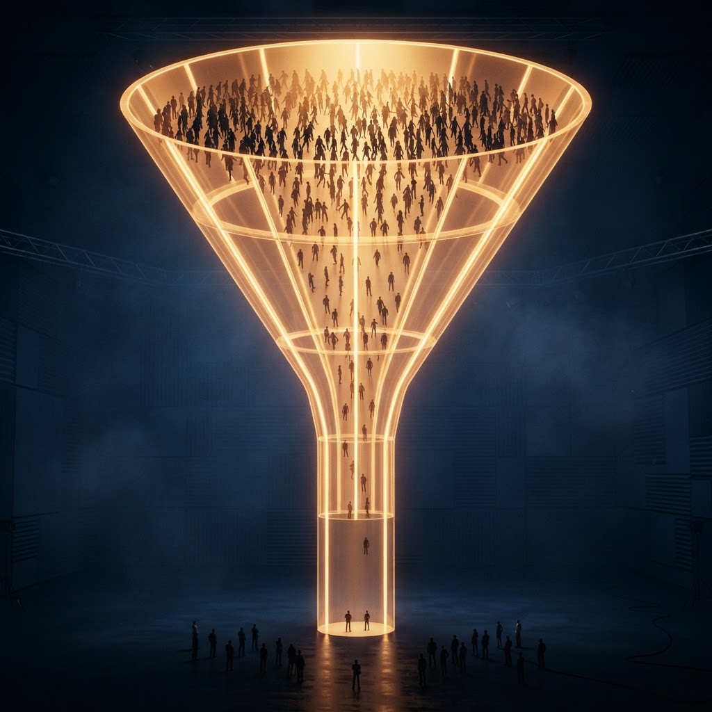 A dark funnel with a wide attention layer and a narrow qualified-lead path