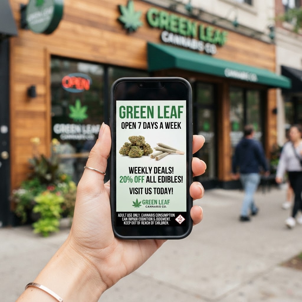 Phone showing cannabis ad with AI disclosure label