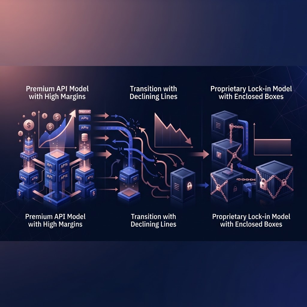 How margin compression forces vendors from APIs to platform lock-in Vendor strategy evolution showing transition from open APIs with high margins to proprietary lock-in platforms