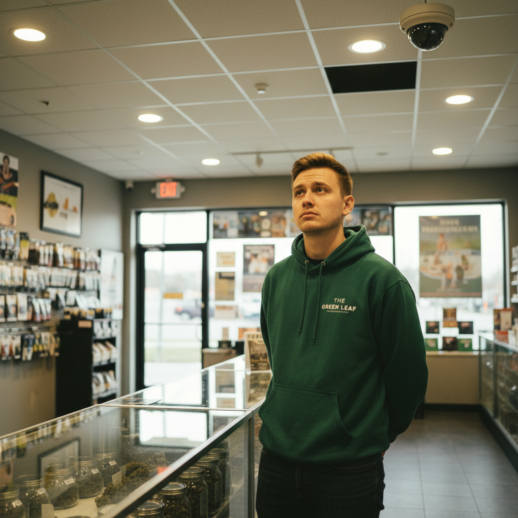 A budtender aware of surveillance cameras while restocking products, looking uncomfortable